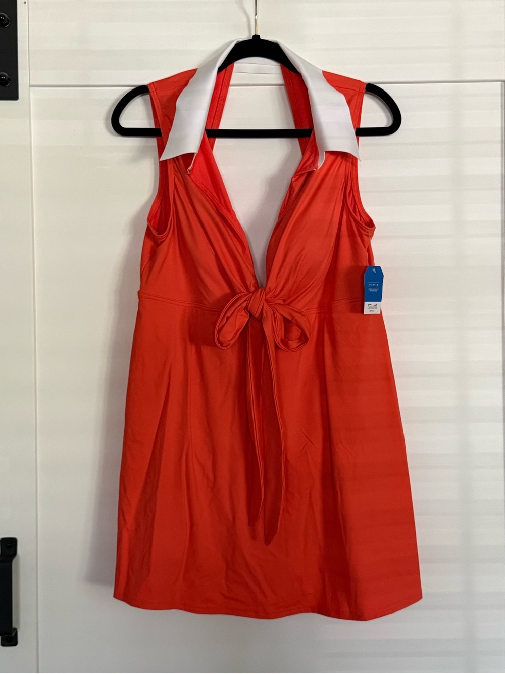 NWT Lands’ End Size 16 Polo Collar Front Tie Swim Dress Coral Bliss and White